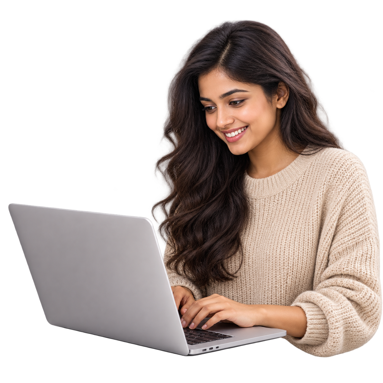 A freelancer smiling while working on her laptop
